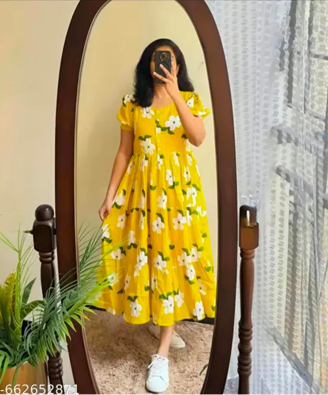 Women Yellow Floral Printed Midi Dress with Puff Sleeves – Casual Summer Stylish Midi Dress