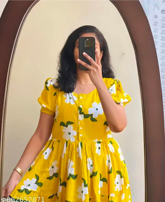 Women Yellow Floral Printed Midi Dress with Puff Sleeves – Casual Summer Stylish Midi Dress